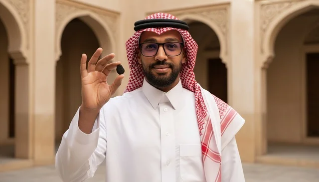رجل سعودي بالزي التقليدي يحمل قطعة عود بخور