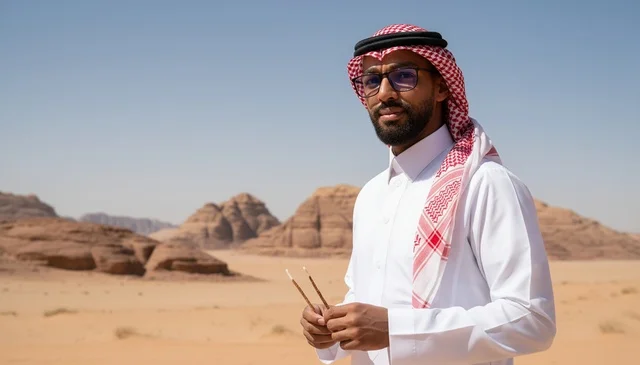 رجل سعودي بالثوب التقليدي في الطبيعة الصحراوية