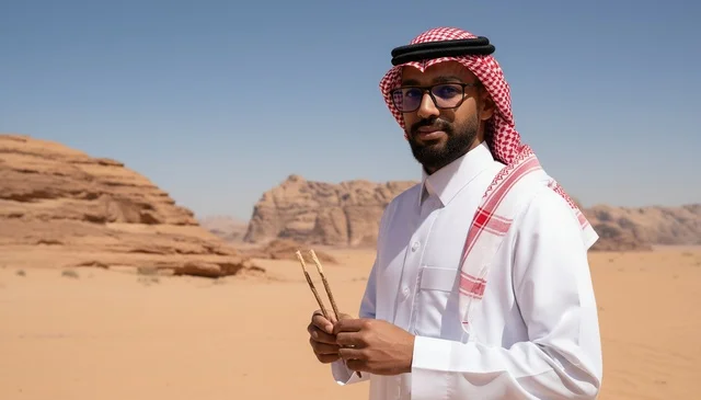 Saudi Man in Desert Holding Miswak Sticks