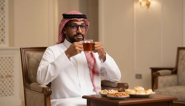 Saudi Man in Traditional Thobe Drinking Tea Indoors