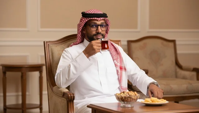 رجل سعودي بالزي التقليدي يشرب الشاي في المجلس