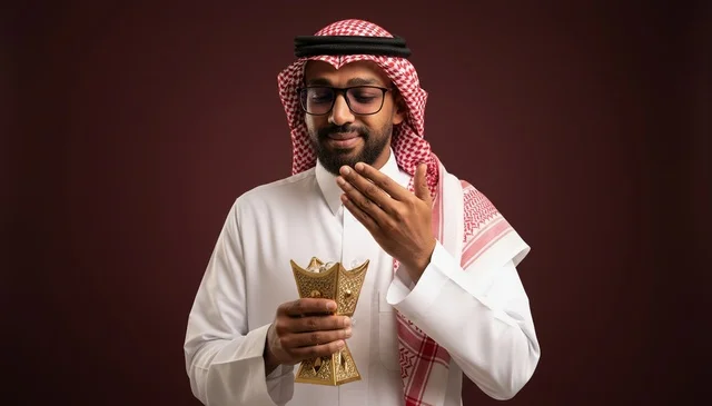 Saudi Man in Traditional Thobe Holding Incense Burner