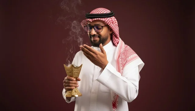 Saudi Man in Traditional Dress Holding Incense Burner