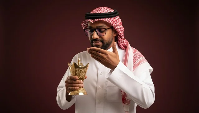 Saudi Man in Traditional Dress with Gold Incense Burner