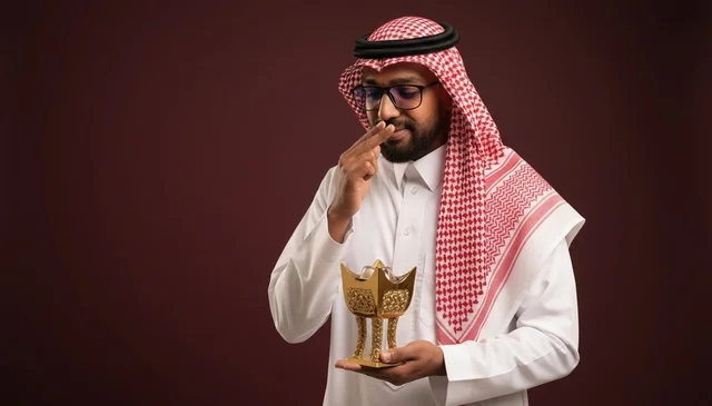Saudi Man Holding Golden Incense Burner in Traditional Dress