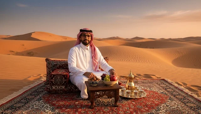 رجل سعودي بالزي التقليدي في الصحراء وقت الغروب