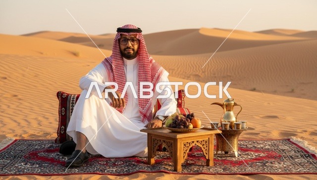 رجل سعودي في الصحراء مع القهوة التقليدية عند الغروب
