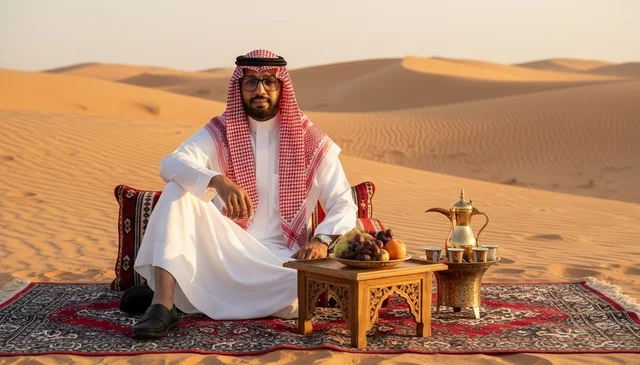 Saudi Man in Desert with Traditional Coffee at Sunset