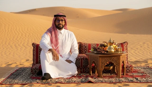 رجل سعودي بالزي التقليدي في جلسة صحراوية