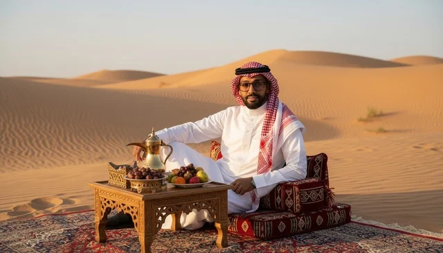 رجل سعودي بالزي التقليدي في الصحراء وقت الغروب