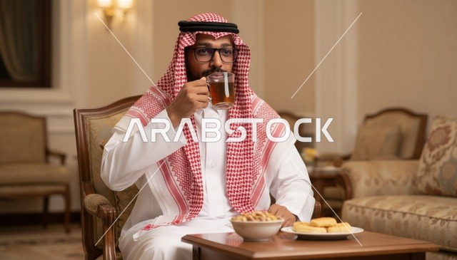 Saudi Man Drinking Tea in Traditional Majlis