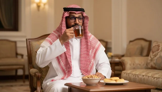رجل سعودي يشرب الشاي في مجلس تقليدي رجل سعودي يشرب الشاي في مجلس تقليدي
