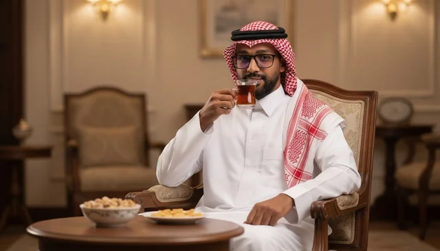 Saudi Man in Traditional Thobe Drinking Tea Indoors
