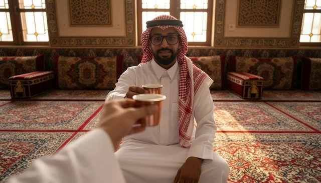 رجل سعودي في مجلس تراثي يشرب القهوة العربية