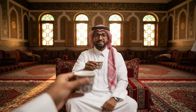 رجل سعودي بالزي التقليدي يشرب القهوة في مجلس تراثي