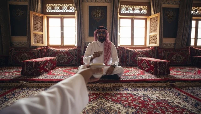 رجل سعودي في مجلس تراثي يحمل قهوة عربية