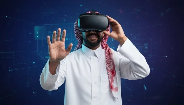 رجل سعودي يستخدم نظارة الواقع الافتراضي بخلفية تقنية