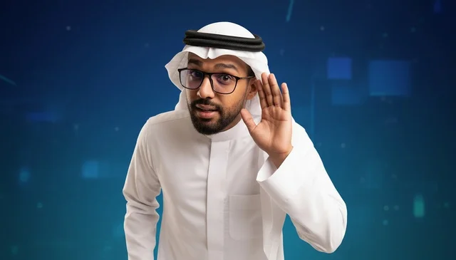 رجل سعودي بالزي التقليدي يصغي بتركيز على خلفية زرقاء
