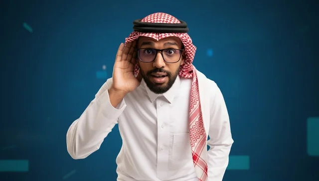 Saudi Man in Traditional Thobe Making Listening Gesture