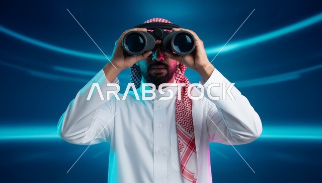 رجل سعودي يستخدم المنظار في بيئة مستقبلية