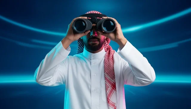 Saudi Man with Binoculars in Futuristic Setting