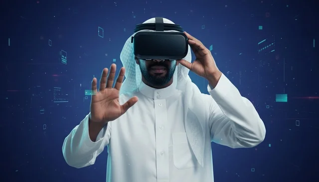 Saudi Man Using VR Headset with Digital Interface