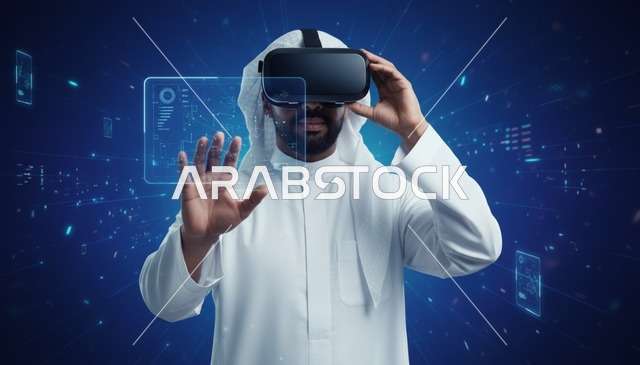 رجل عربي يستخدم نظارات الواقع الافتراضي واجهة رقمية
