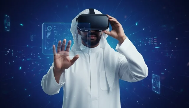 رجل عربي يستخدم نظارات الواقع الافتراضي واجهة رقمية