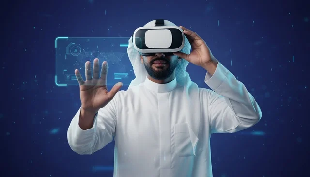Saudi Man Using VR Headset with Digital Interface