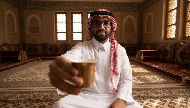 Saudi Man in Traditional Majlis Holding Arabic Coffee