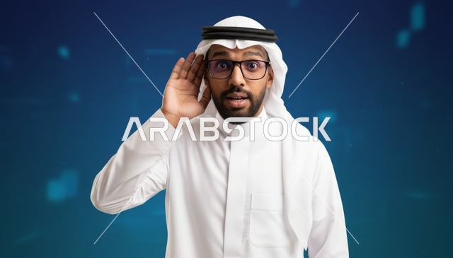 رجل سعودي يستمع بتعبير وجه متفاجئ