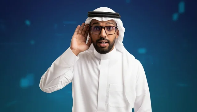 رجل سعودي يستمع بتعبير وجه متفاجئ