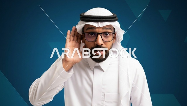 رجل سعودي يستمع بتركيز مع تعبير وجه مندهش