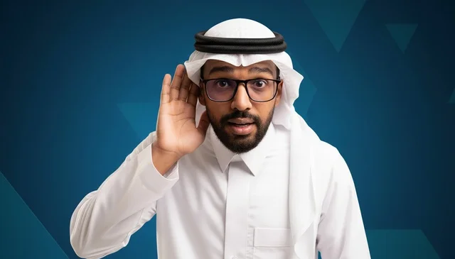 رجل سعودي يستمع بتركيز مع تعبير وجه مندهش