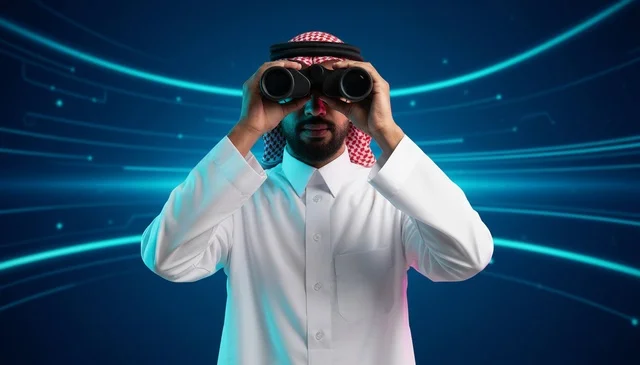 Saudi Man with Binoculars on Digital Blue Background