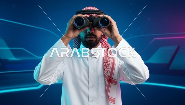رجل سعودي مع منظار على خلفية مستقبلية