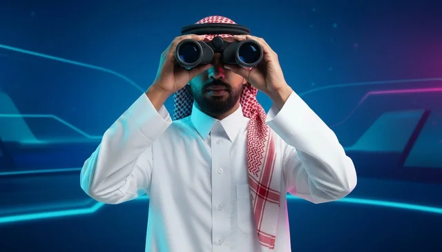رجل سعودي مع منظار على خلفية مستقبلية