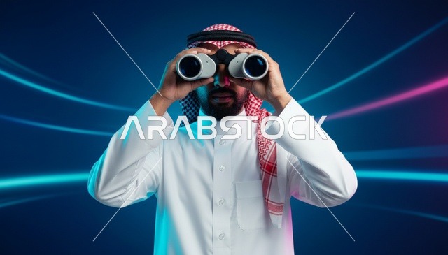 رجل سعودي يحمل منظاراً أمام خلفية رقمية