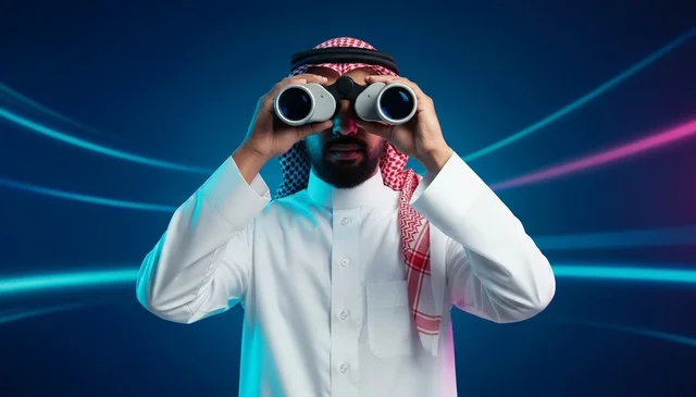 رجل سعودي يحمل منظاراً أمام خلفية رقمية