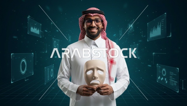 رجل سعودي مع قناع وخلفية بيانات رقمية