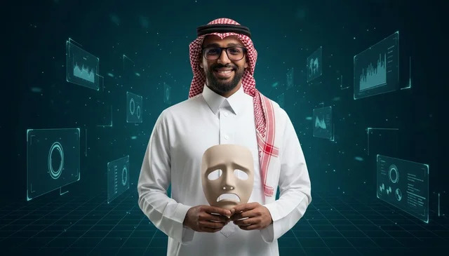 رجل سعودي مع قناع وخلفية بيانات رقمية