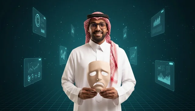 رجل سعودي يمسك قناع حزين في بيئة رقمية