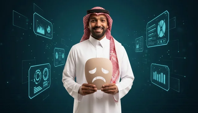 Saudi Man Holding Sad Mask Digital Background