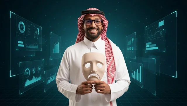 رجل سعودي يحمل قناعاً حزيناً مع خلفية بيانات رقمية
