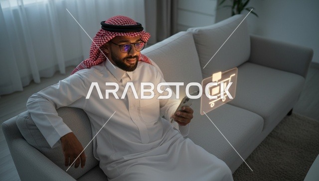 رجل سعودي يستخدم الهاتف الذكي للتسوق الإلكتروني