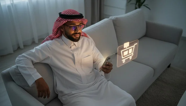 رجل سعودي يستخدم الهاتف الذكي للتسوق الإلكتروني