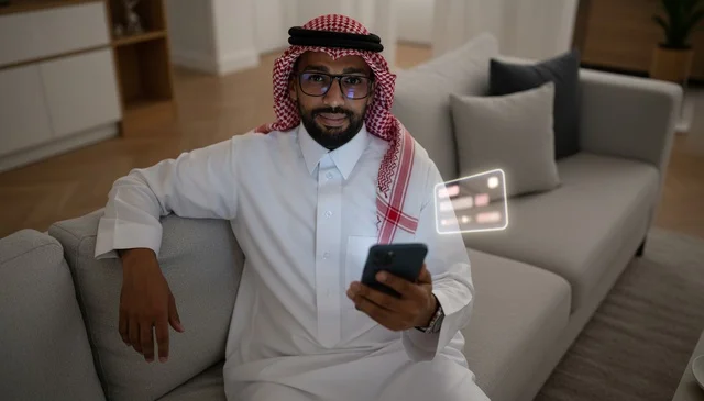 رجل سعودي يستخدم الهاتف الذكي للدفع الرقمي عبر الإنترنت