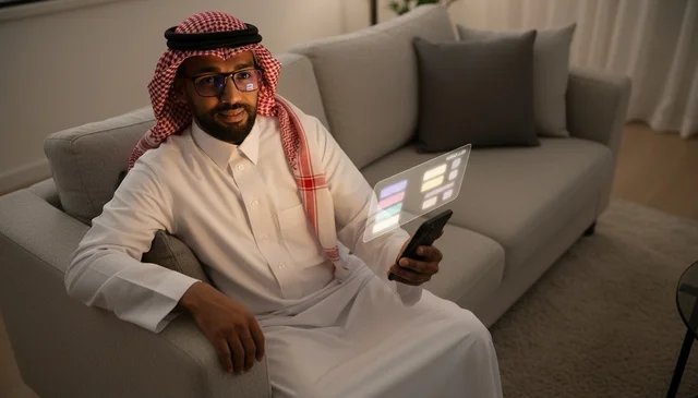 Saudi Man Using Smartphone Hologram in Living Room