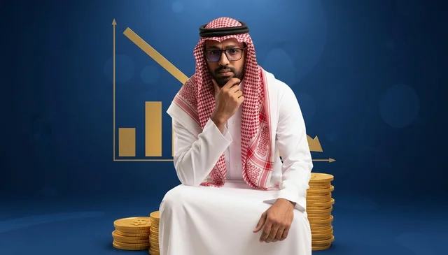 رجل أعمال سعودي مع رسم بياني للخسارة المالية وعملات