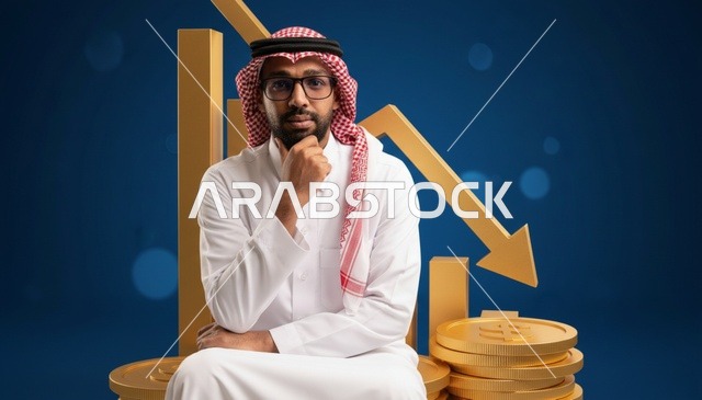 رجل سعودي مع رسوم بيانية مالية هابطة
